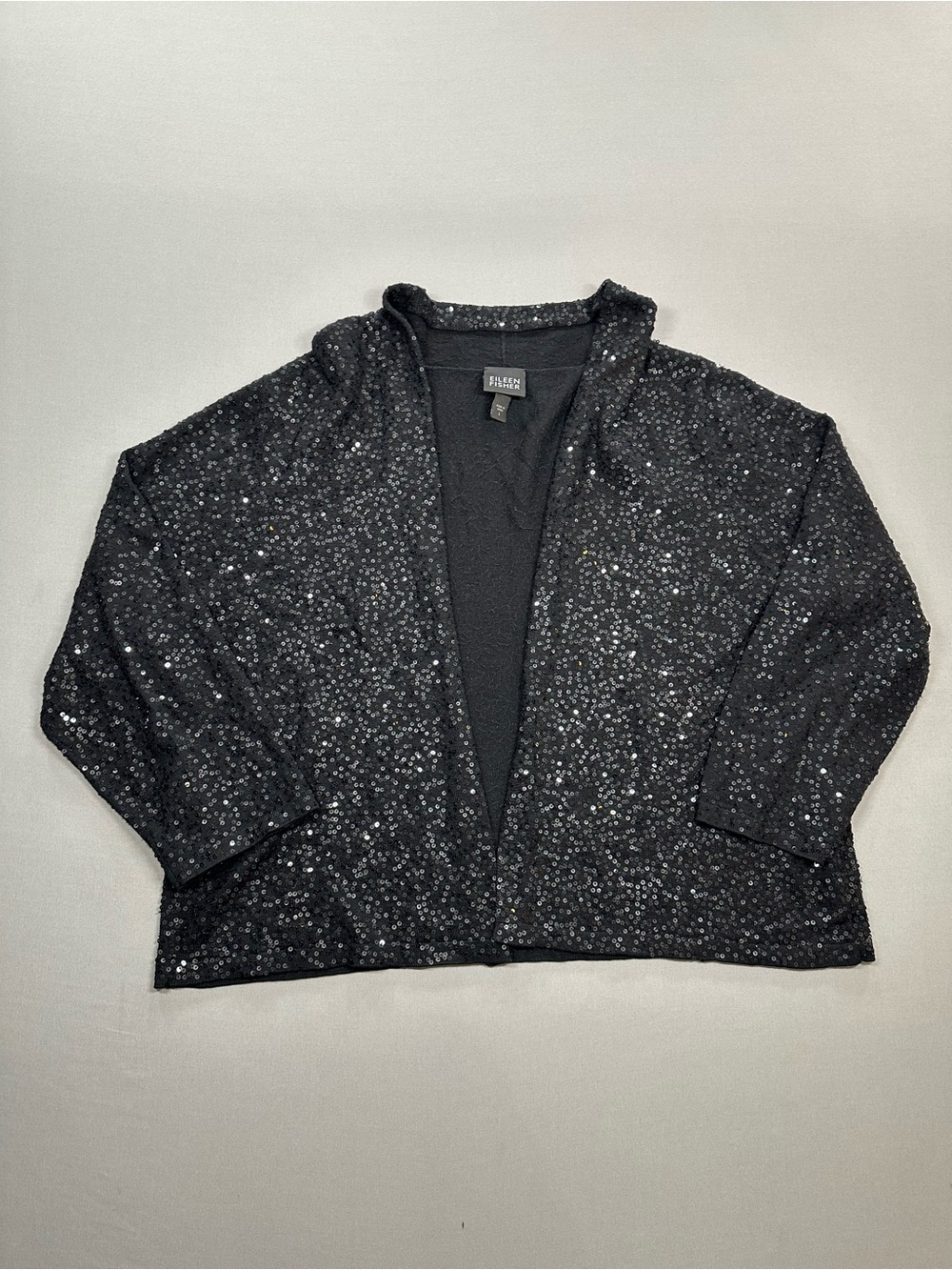 Eileen Fisher Black Silk-Cotton Sequin Sparkle Open Front Cardigan - Womens Larg